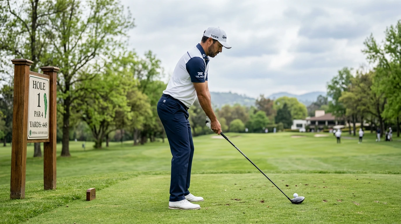 Golfer am ersten Abschlag beim Turnierstart