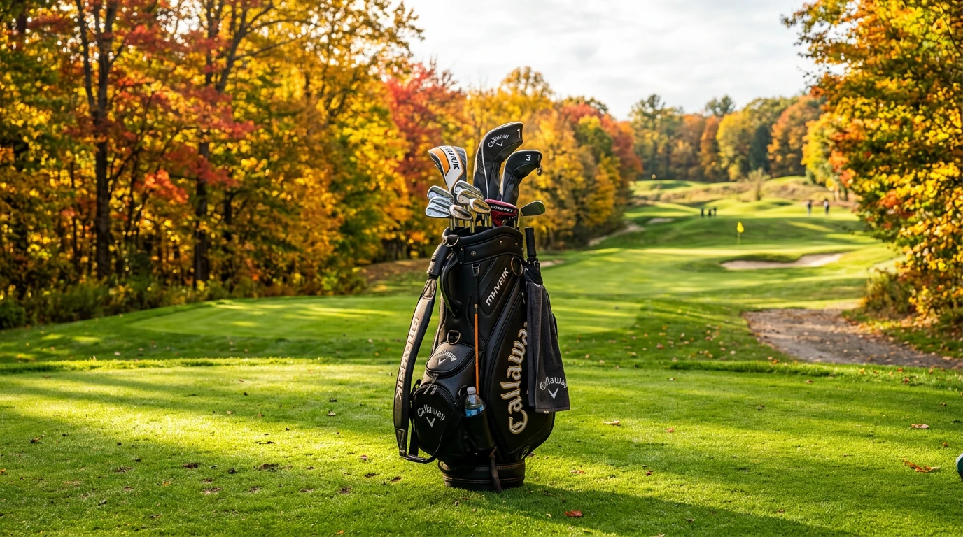 Golftasche mit Schlägern auf dem Fairway