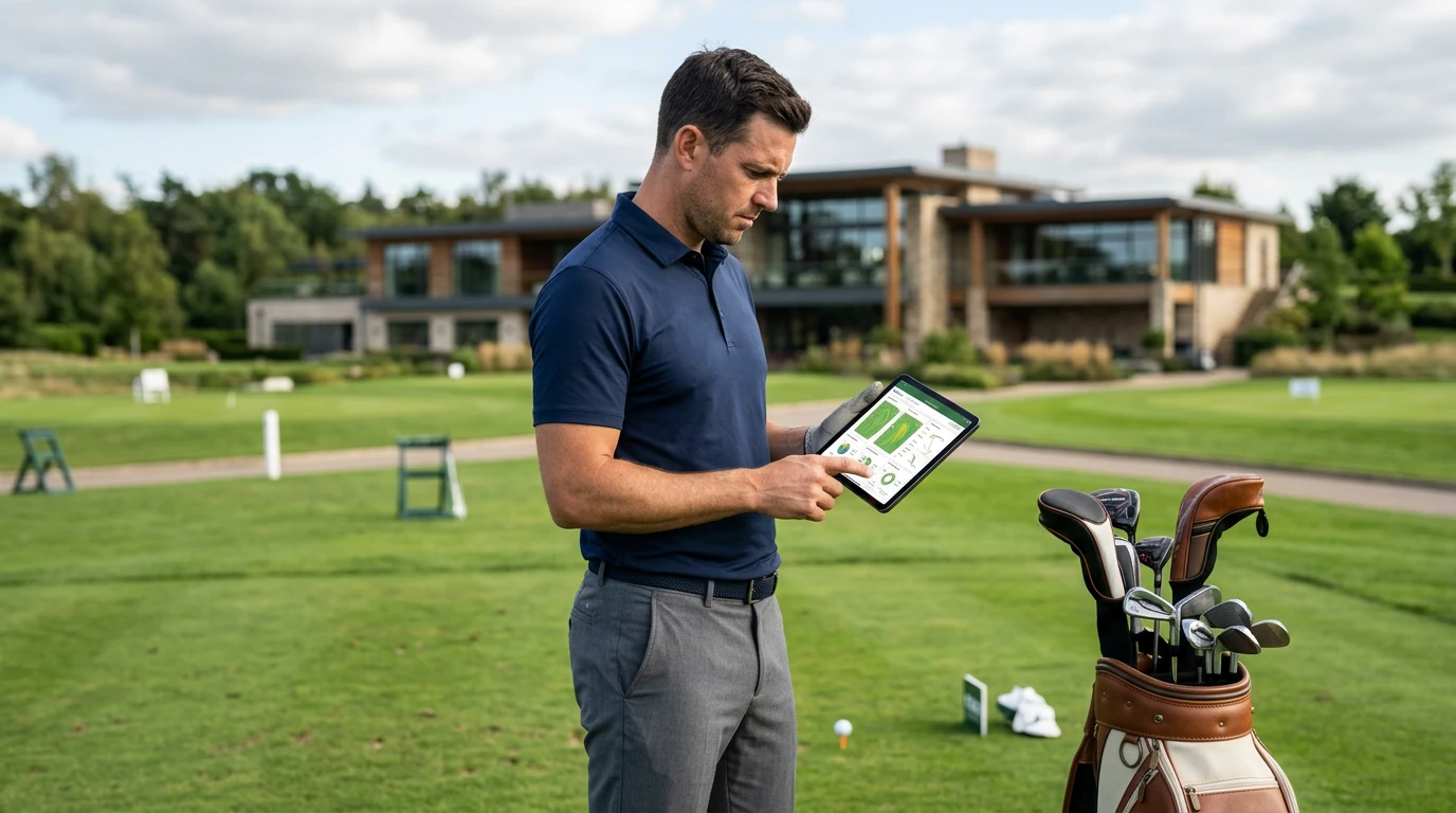 Golfspieler analysiert Statistiken vor einem Turnier