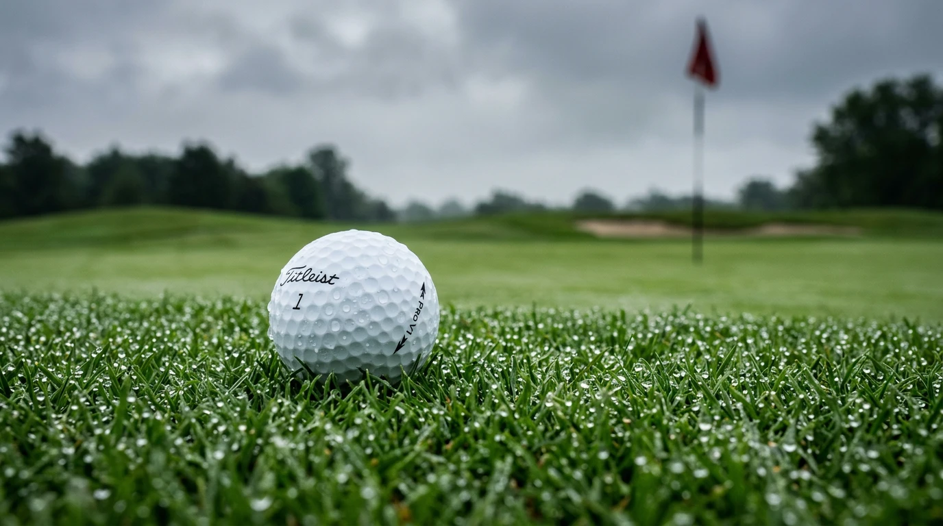 Golfball auf dem Green mit Flagge im Hintergrund