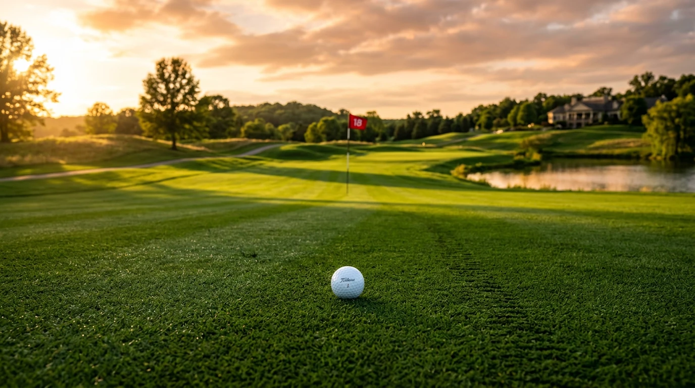 Golfball auf dem Fairway bei Sonnenuntergang