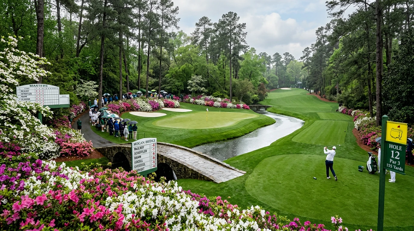 Golfplatz im Augusta-Stil mit blühendem Rhododendron
