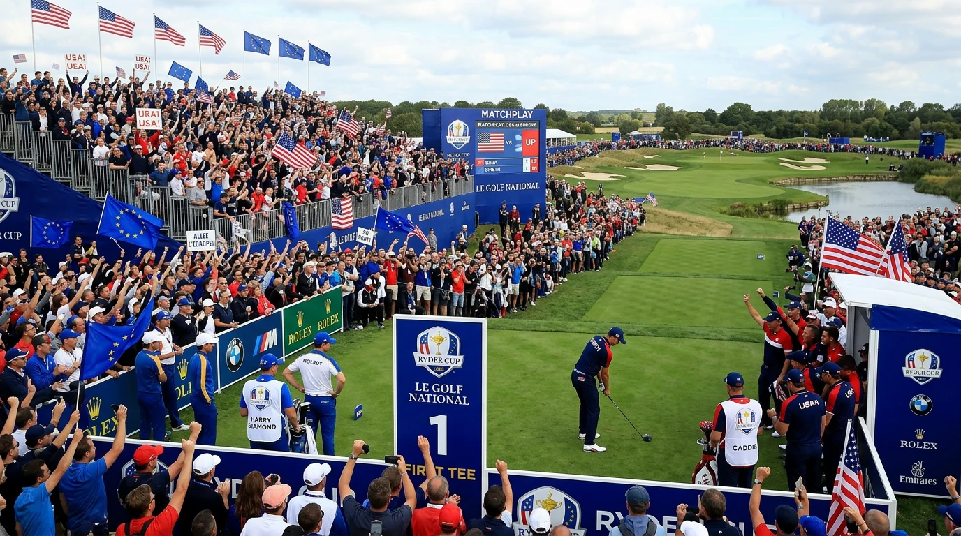 Ryder Cup Golfplatz mit Teamfahnen