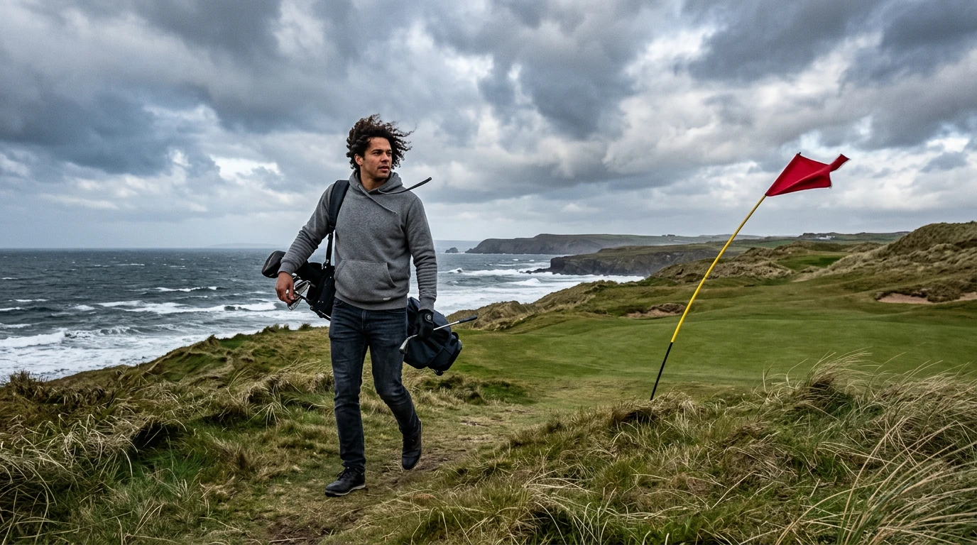 Golfer im Wind auf einem Küsten-Golfplatz